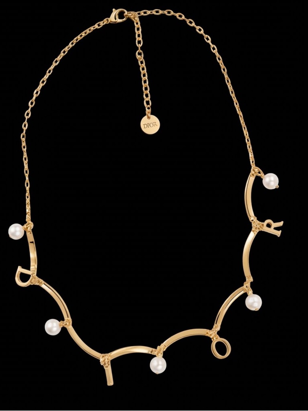 Gold Tone Letter-Link Necklace with Faux Pearl Accents